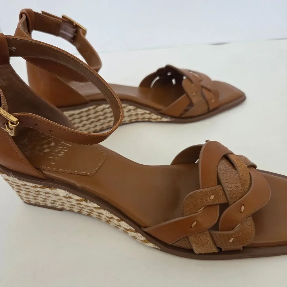 Vince Camuto Womens Baylees Sandals Sz 9 Leather Wedge Espadrille Aged Rum Brown